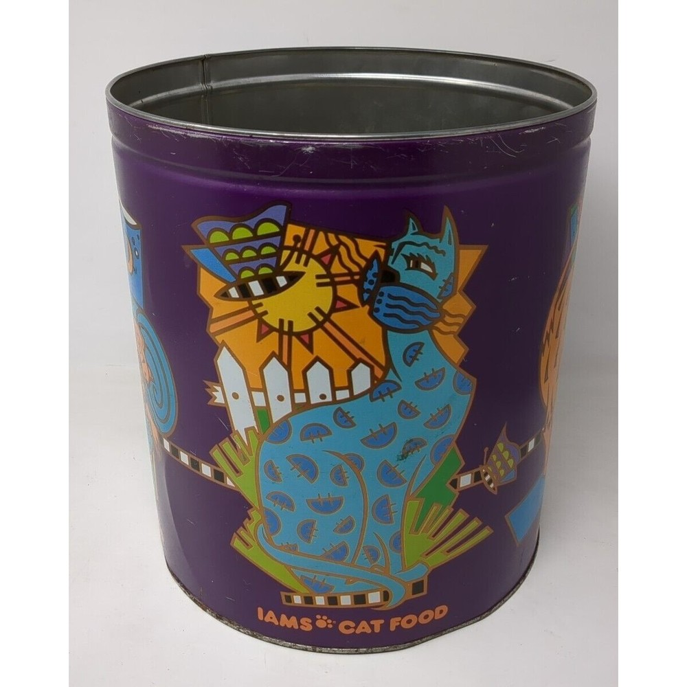 Iams Cat Food Large Tin‎ Metal Canister 11” X 10” Retro Art Abstract No Lid VTG